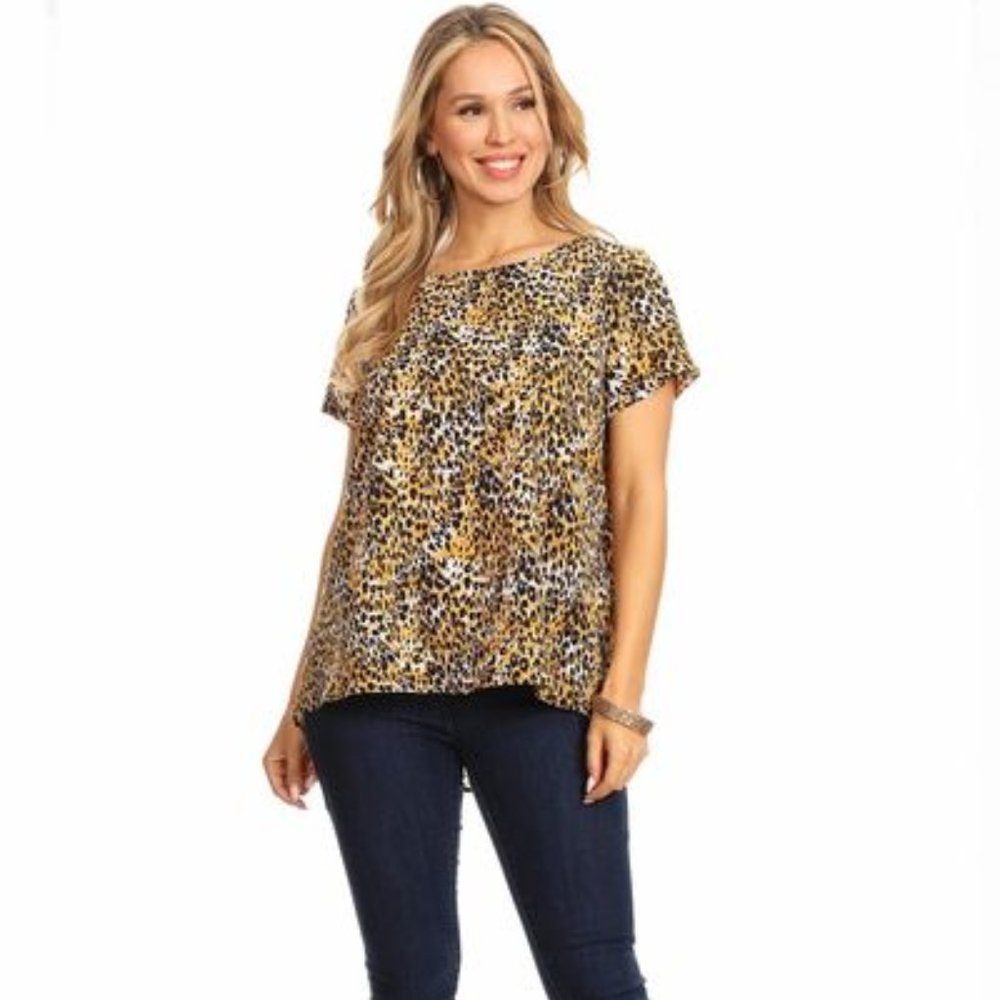 Leopard Short Sleeve Hi Lo Blouse Made in USA v111